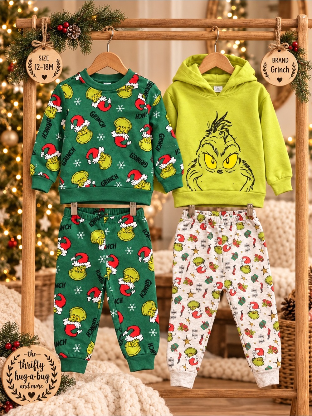 Grinch Christmas Outfit Bundle 12–18M Hoodie Sweatshirt & Pants 4 Piecesu